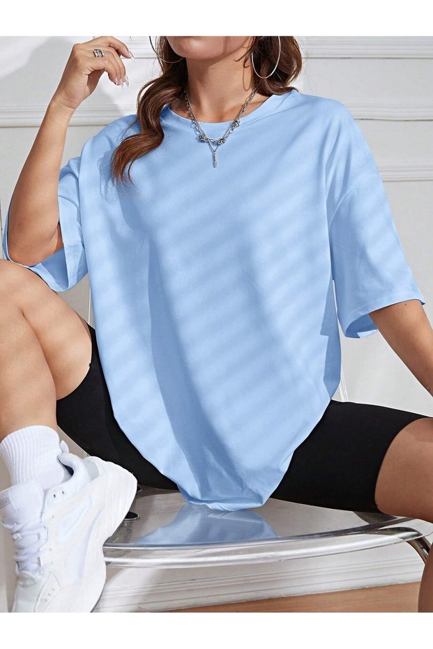 Women's Baby Blue Plain Oversize T-Shirt