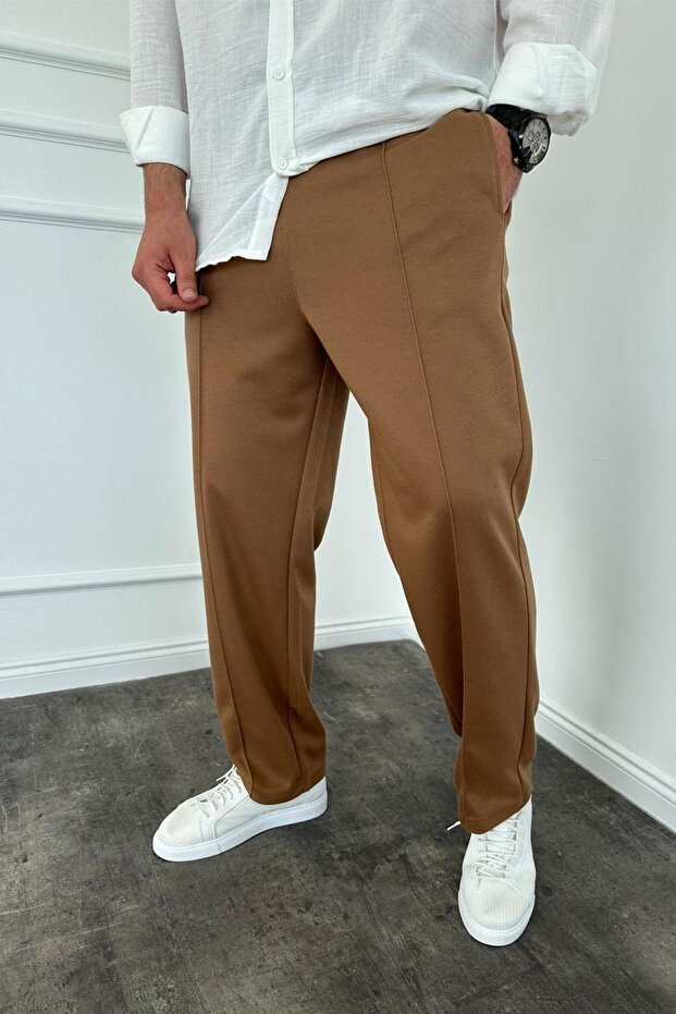 Men's Baggy Loose Fit Elastic Waist Brown Striped Trousers