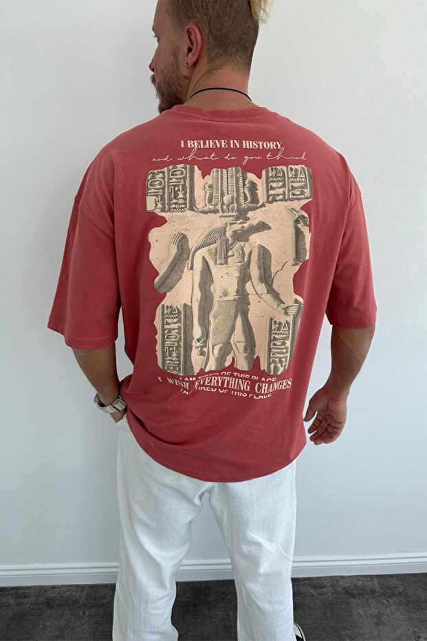 Men's Oversize Loose Fit Crew Neck Back Printed Burgundy T-Shirt