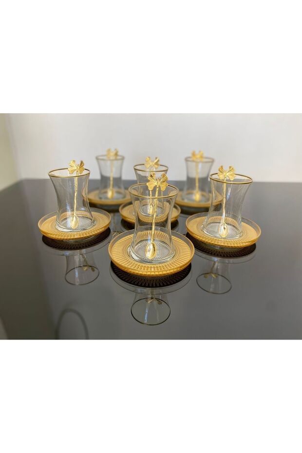 ÇAY SETİ 18 PARÇA TAM BOYALI ELYSİA MODEL TABAK & 6 ADET GOLD KELEBEK ÇAY KAŞIĞI - 1