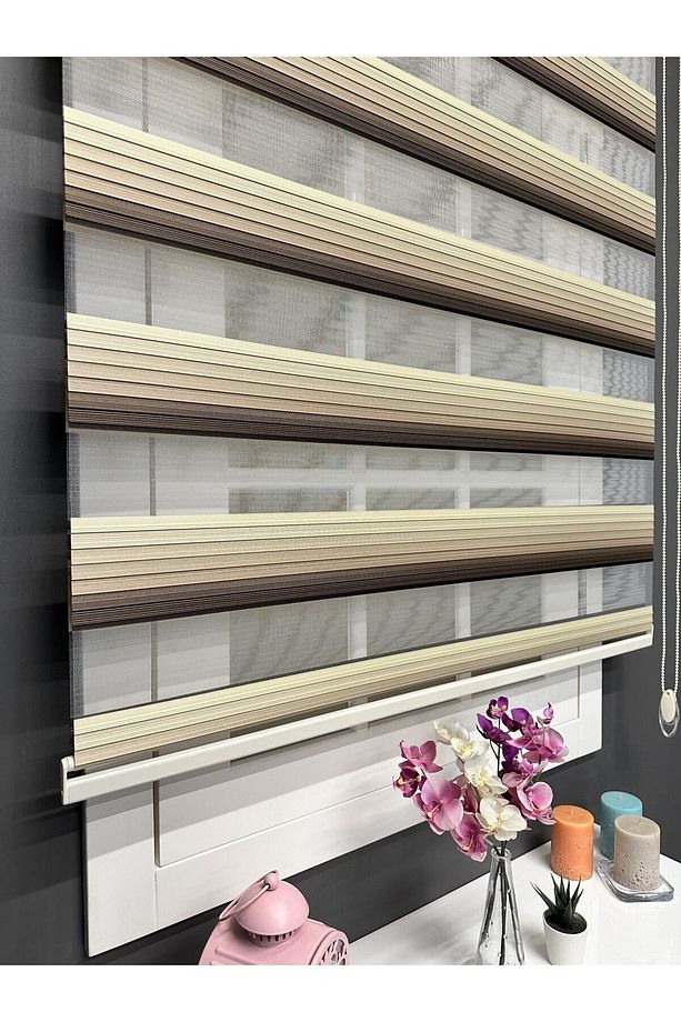 Atölye Perde Krem - Kahve Renk Geçişli Geniş Plise Zebra Stor Perde - 4