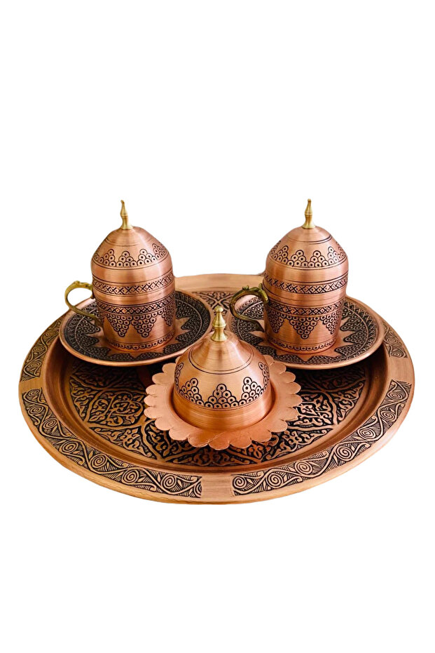 Bakır Üzüm İşlemeli Türk Kahve Fincanı Takımı 2 Kişilik - 1