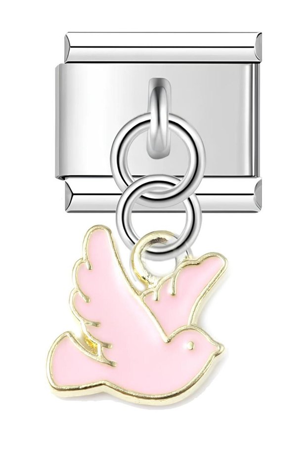 Italian Steel Bracelet Charm Pink Enamel Bird (1 Pc) 9mm Scb26C