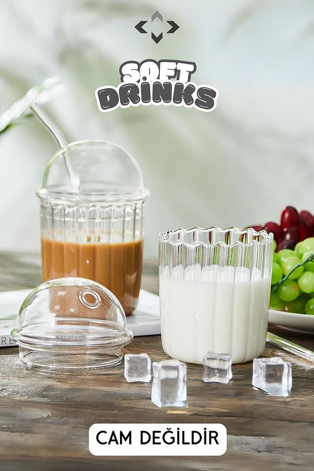 SOFT DRİNK 3'lü Kristal Mika İçecek Seti 1 Adet Süt Kutusu 2 Adet Smoothie Bardak CAM DEĞİLDİR - 6