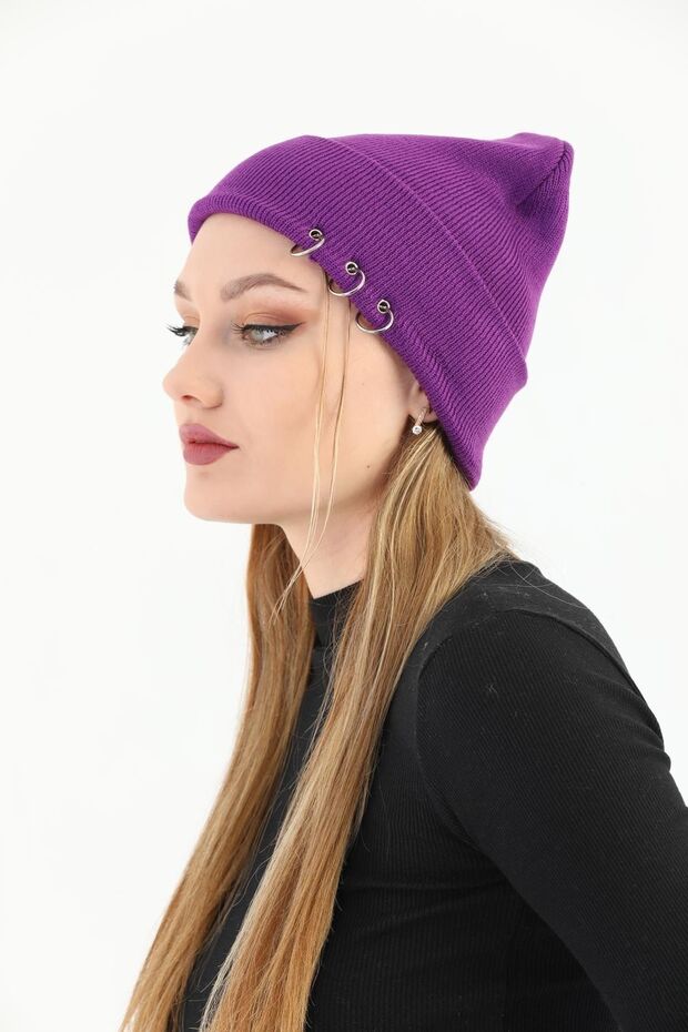 Kadın Mor Piercingli Kışlık Bere - 5