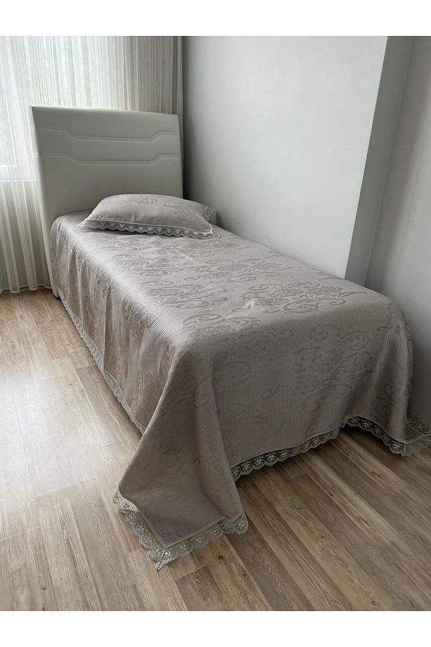 Annoow Tek Kişilik Brokar Yatak Örtüsü Pike Takımı Gri - 1