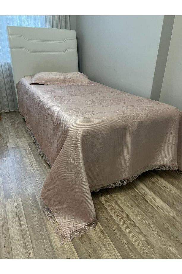Annoow Tek Kişilik Brokar Yatak Örtüsü Pike Takımı Pudra - 1