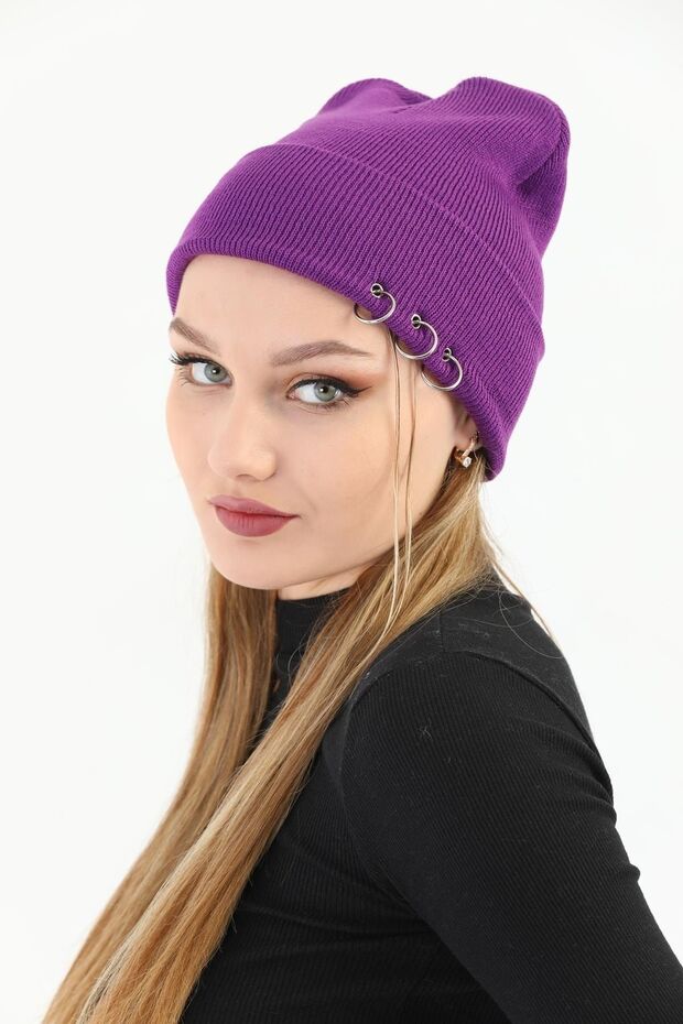 Kadın Mor Piercingli Kışlık Bere - 6