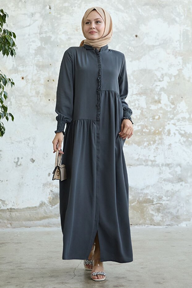Asymmetrical Cut Anthracite Ferace with Ruffle Placket