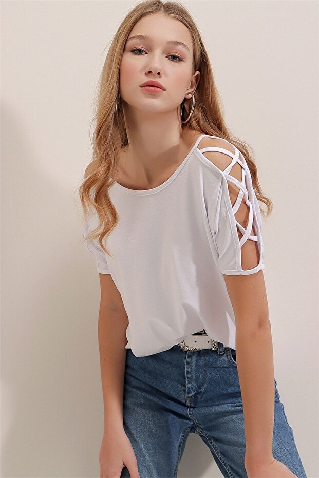 Women's White Boat Neck Sleeve Detailed Blouse