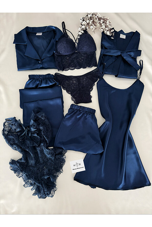 Boxed 8 Piece Dark Blue Satin Pajamas Nightwear Underwear Giant Dowry Set
