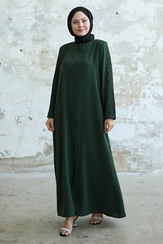 Khaki Ferace with Leaf Pearls on Sleeves