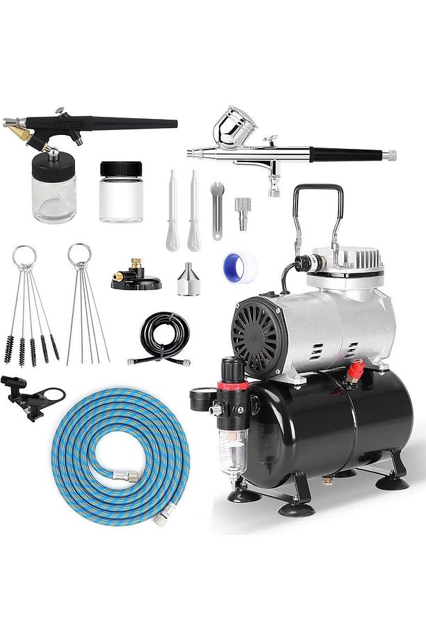 Airbrush Kompresör Komple Set Dual Action ve Single Action Airbrush Tabancaları, Başlangıç Seti - 1