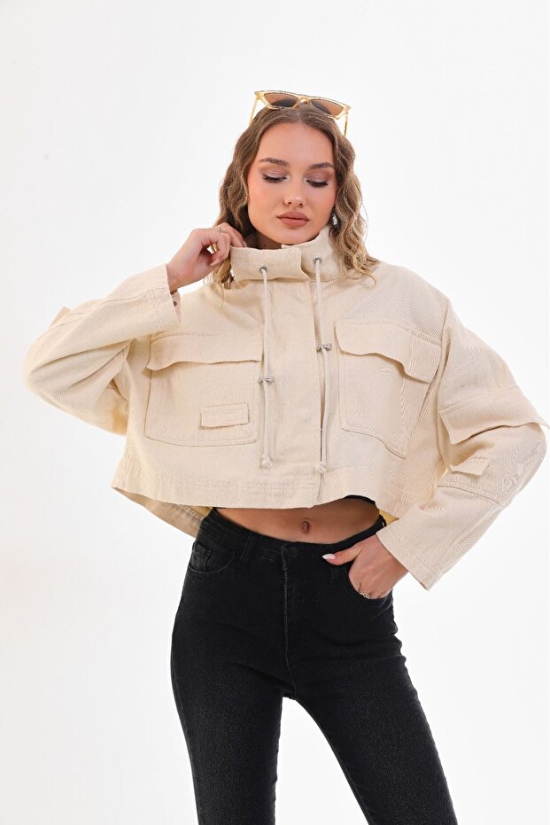 Women's Beige Short Oversize Gabardine Pocket String Jacket New Season