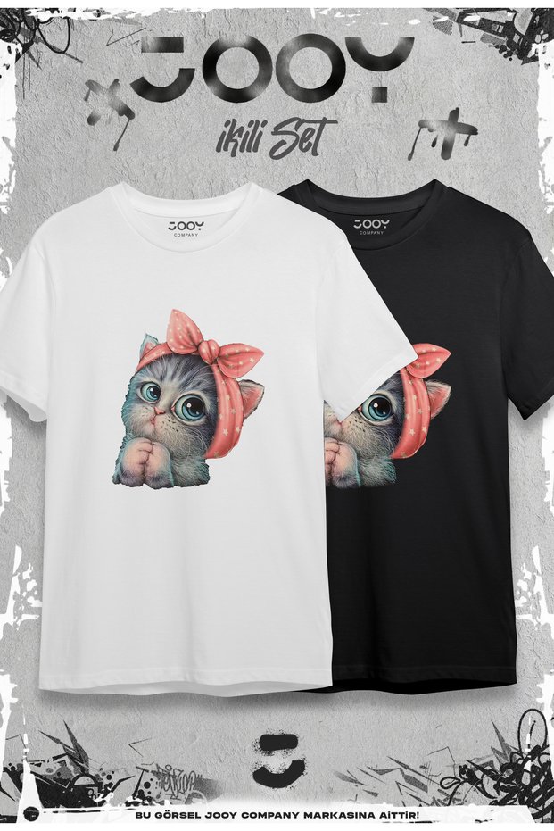 Cute Cat Printed Oversize Wide Fit T-Shirt Black and White Set of 2