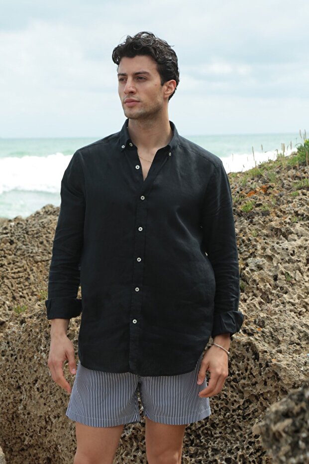 Siyah Keten Gömlek - 3