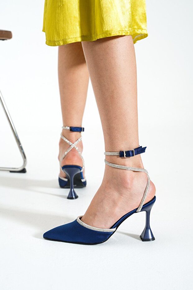 Navy Blue Satin Ankle Strap Heeled Women's Shoes