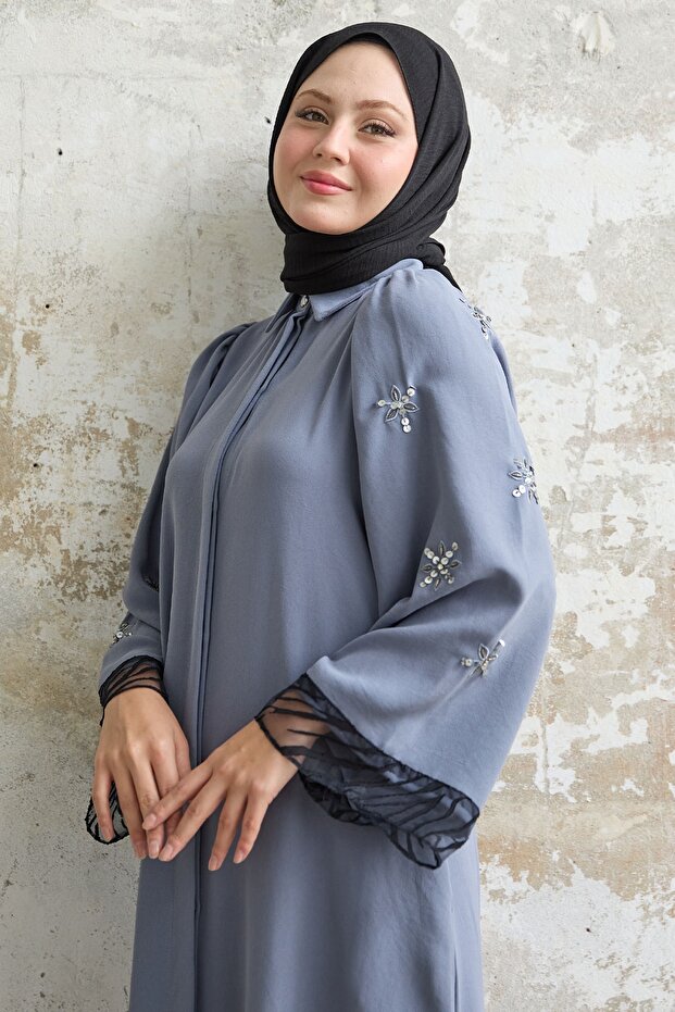 Tül Detay Pullu Gri Ferace - 4