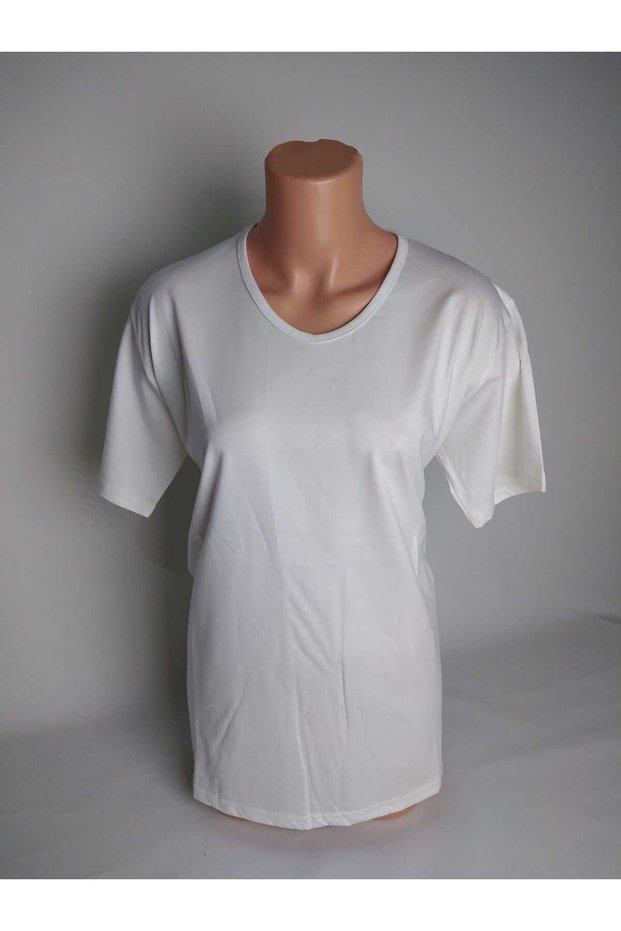 Women's Cream Plain V-Neck Short Sleeve Side Slit %100 Cotton Jersey Mom T- Jersey Blouse