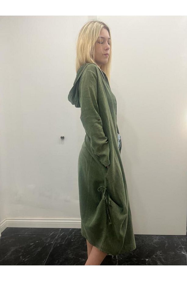 Taşlanmış Pamuk Kapişonlu Uzun Kimono - 5