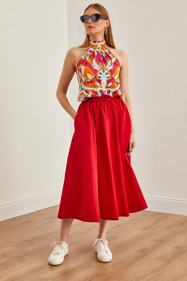 Women's Red Pocket Elastic Waist Midi Woven Bell Skirt Etk- 19000271
