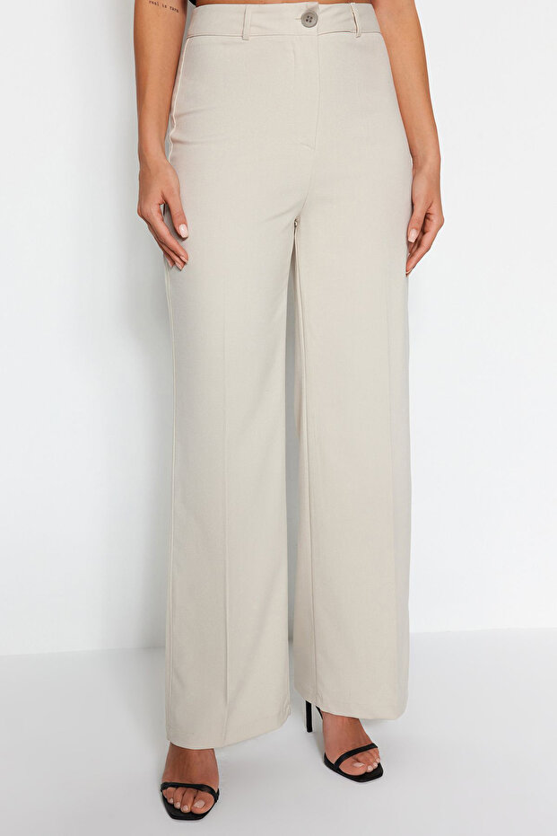 Bej Wide Leg/Geniş Paça Yüksek Bel Dokuma Kumaş Pantolon TWOSS23PL00314 - 10
