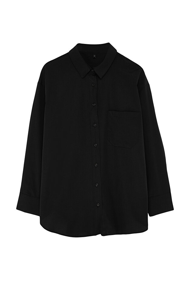 Siyah Loose Fit Pamuklu Uzun Kol Büyük Beden Dokuma Gömlek TBBSS22GO0323 - 3
