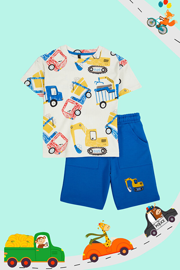 Ekru Erkek Çocuk Pamuklu Araba Desenli T-Shirt-Şort Set Örme Alt-Üst Takım TKDSS24AU00026 - 5