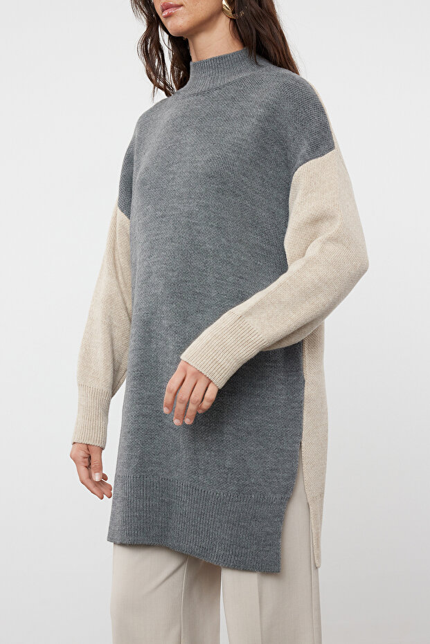 Antracytowa, długa bluza z dzianiny z blokadą gardła TCTAW22KZ1309 - 4