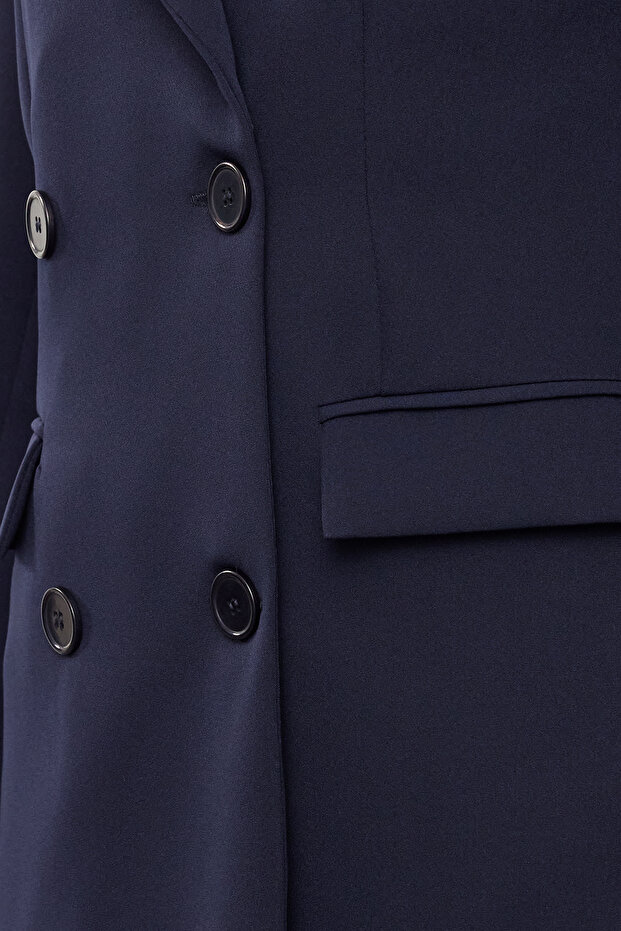 Lacivert Çift Düğmeli Cep Detaylı Astarlı Blazer Dokuma Ceket TCTAW22CK0007 - 4
