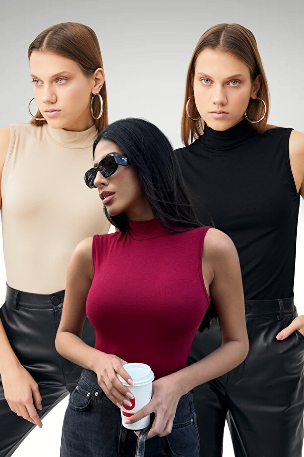 Women's Cream Black Claret Red 3-Piece Sleeveless Bodysuit