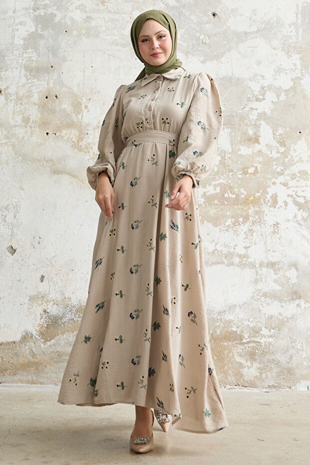 Beige Shirt Collar Embroidered Dress