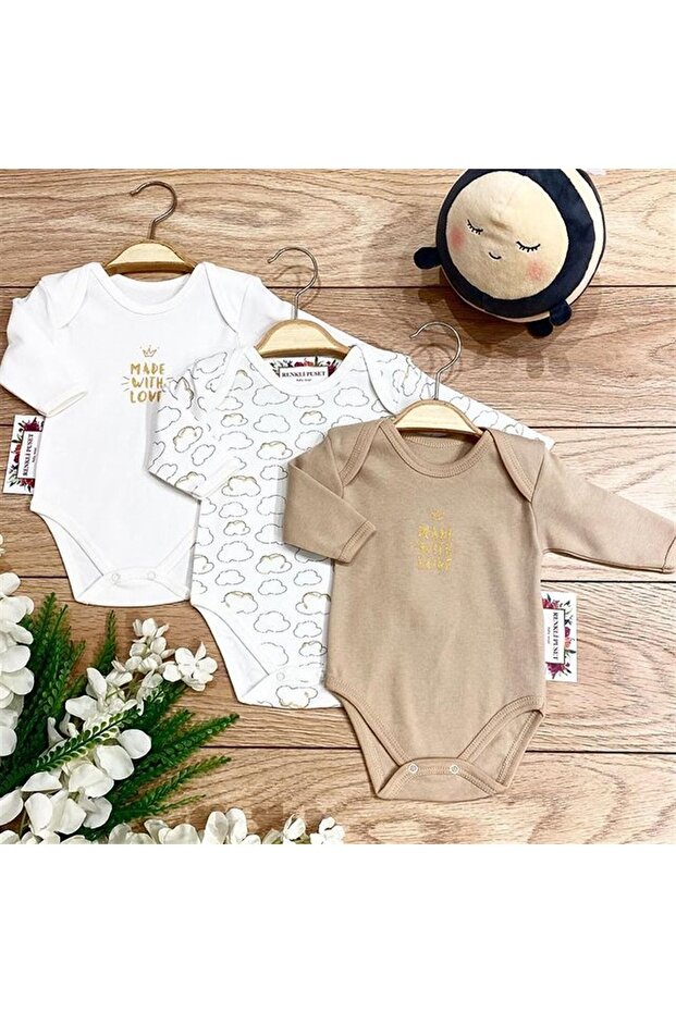 3-Piece Combed Cotton Baby Long Sleeve Bodysuit Set Cloud Pink Blue Brown