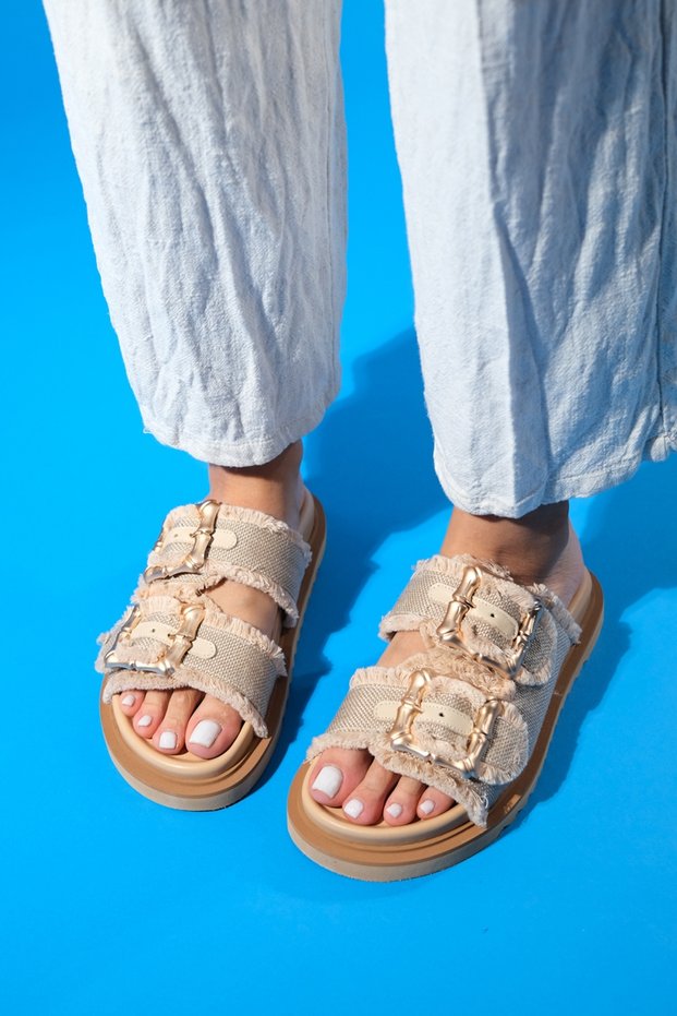 Harmony Beige Gold Buckle Double Banded Women's Slippers
