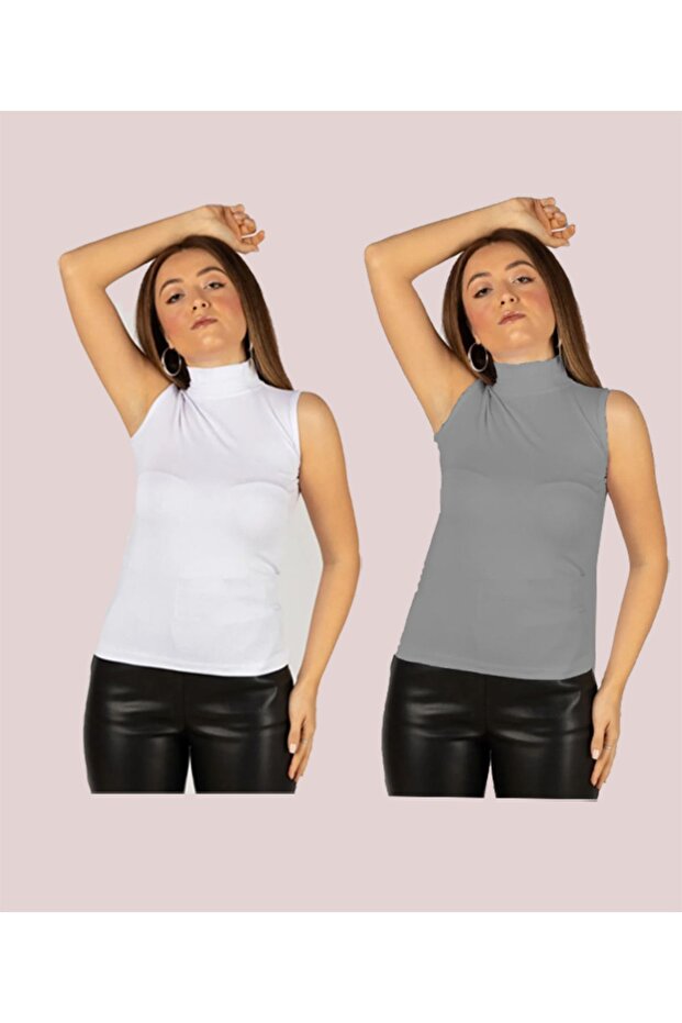 Women's Sleeveless Half Turtleneck Stretch Fabric Stretchy Bodysuit (2 Pieces)