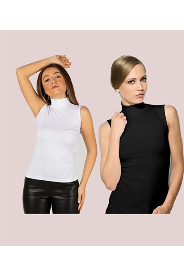 Women's Sleeveless Half Turtleneck Stretch Fabric Stretchy Bodysuit 2-Pack (2 Pieces)
