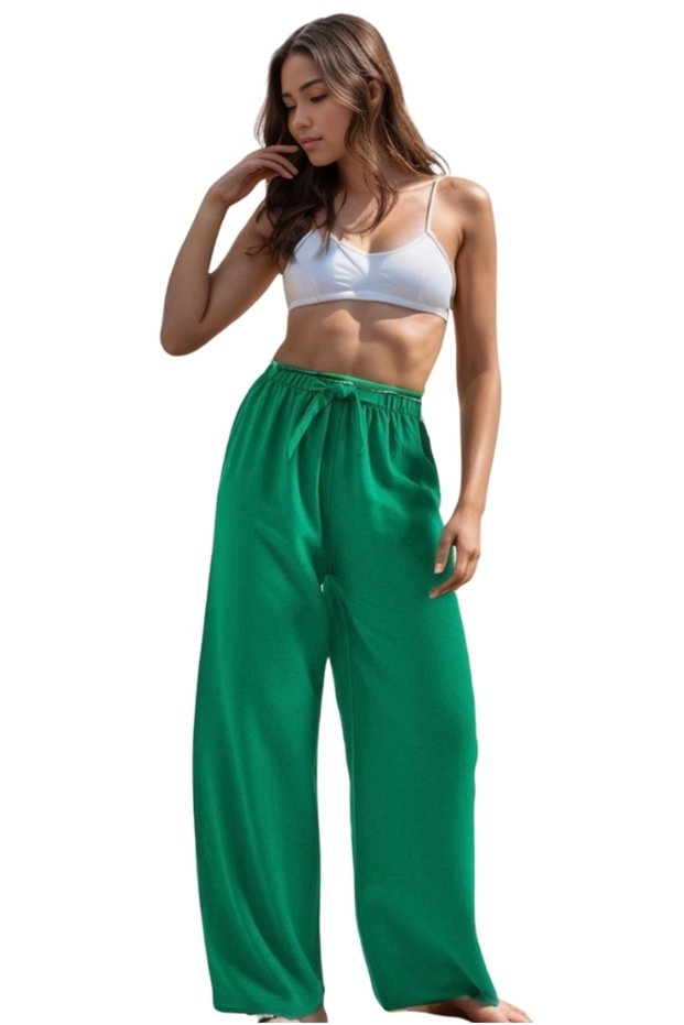 Women's Linen Grass Green Palazzo Wide Leg High Waist Summer Trousers