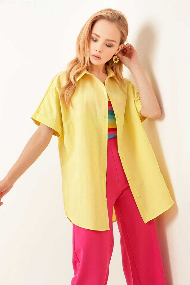 Kadın Sarı Oversize Uzun Kısa Kollu Basic Poplin Gömlek Hzl22s-bd1201201 - 6