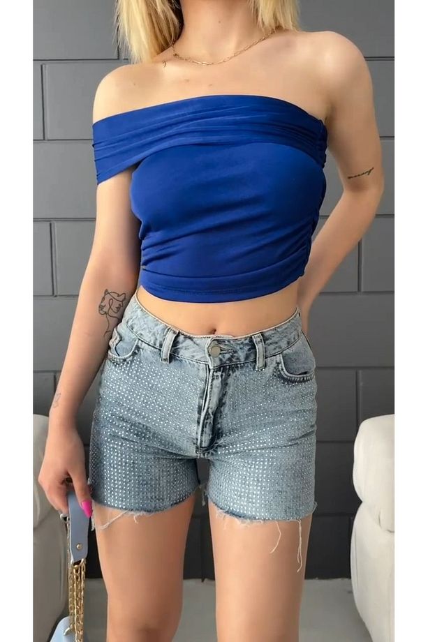 Kadın Straplez Tek Kol Büzgü Detaylı Crop Bluz Saks Mavi - 5