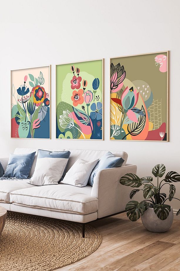 Çerçeveli Tablo, Duvar Tablo, Dekoratif Tablo, 3 Lü Tablo Seti, Modern Çiçekler Trn024 - 1