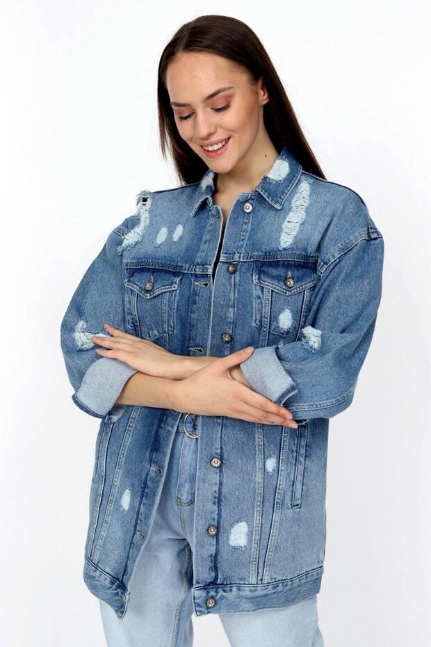 Kadın Açık Mavi Yırtık Oversize Bol Uzun Kot Ceket - 1