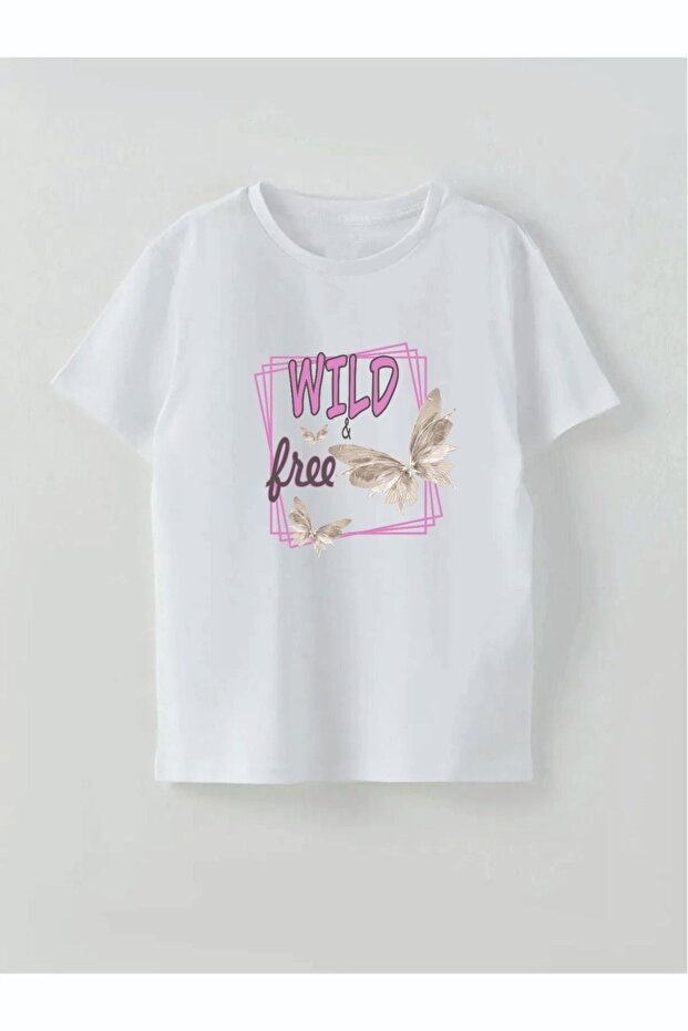 Wild Free Written Butterfly Printed Girls' T-Shirt