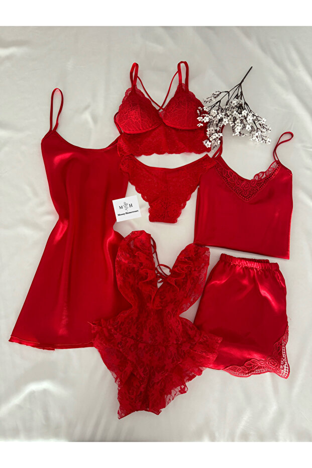 Boxed Hotpointer Six-Piece Satin Sleepwear Nightgown Lingerie Dowry Set