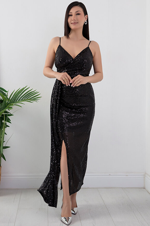 Askılı Pullu Kruvae Yaka Abiye Elbise 39868 - 4