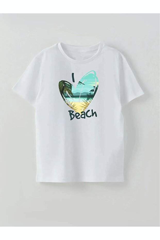Kids' T-shirt with "BEACH" text, heart print, and beach scene.