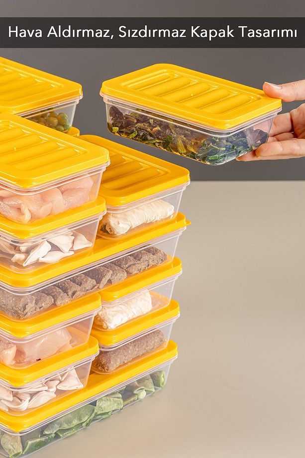 18 Parça Saklama Kabı , Mikrodalga Uyumlu Saklama Kabı 2x2400Ml 4x1200Ml 4x1170Ml 8x600Ml Sarı - 4