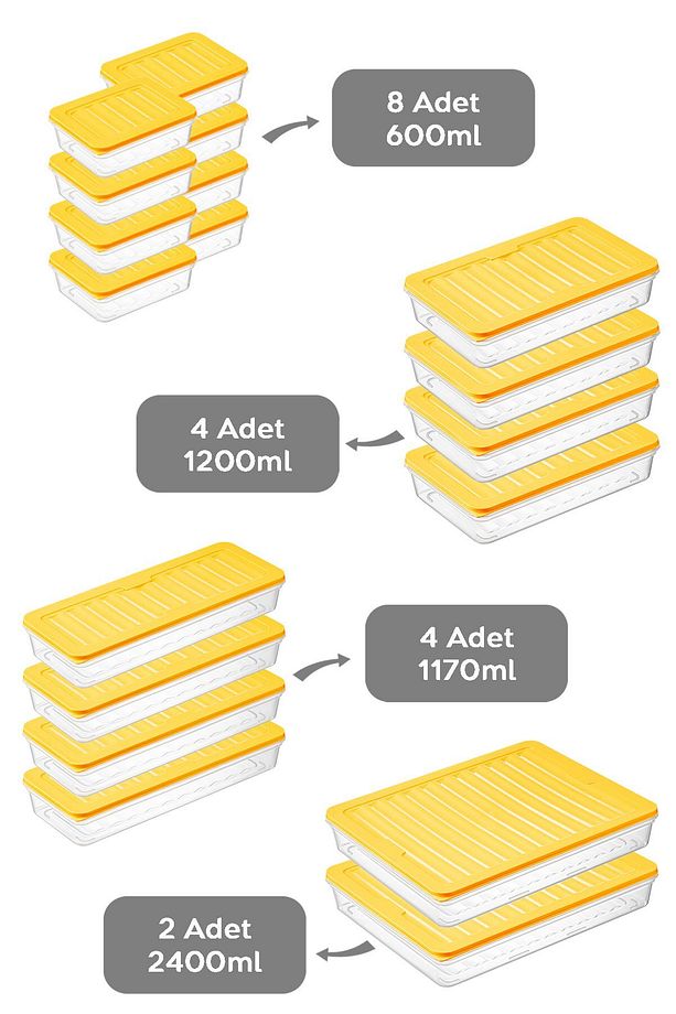 18 Parça Saklama Kabı , Mikrodalga Uyumlu Saklama Kabı 2x2400Ml 4x1200Ml 4x1170Ml 8x600Ml Sarı - 2