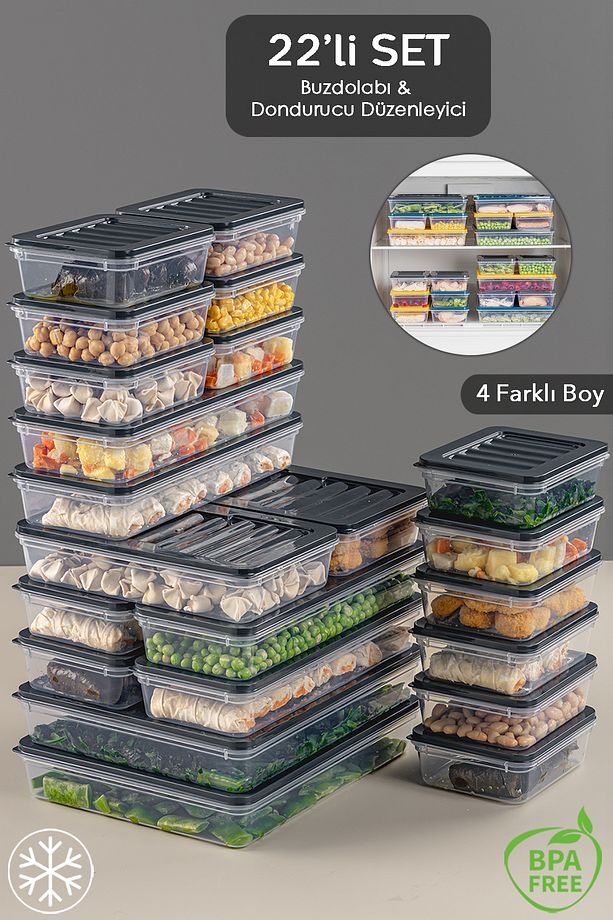 22 Parça Saklama Kabı , Mikrodalga Uyumlu Saklama Kabı 2x2400Ml 2x1200Ml 6x1170Ml 12x600Ml Antrasit - 1