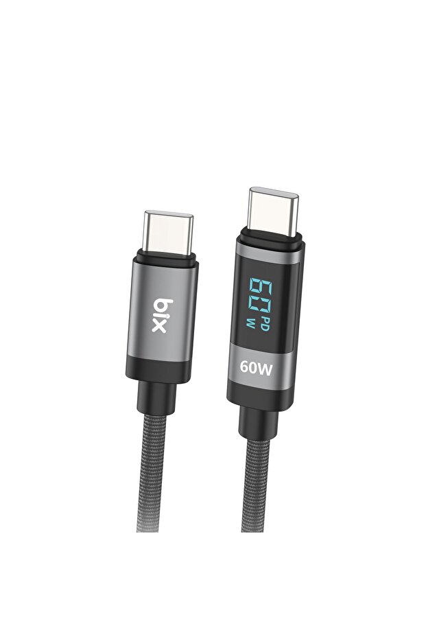 BX06CC Type-C to Type-C 60W Örgülü LED Dijital Ekranlı Şarj ve Data Kablosu 1 Metre - 1