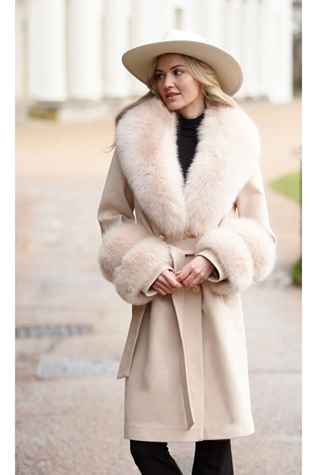 Bej Kaşmir Kürklü Kaban - 2